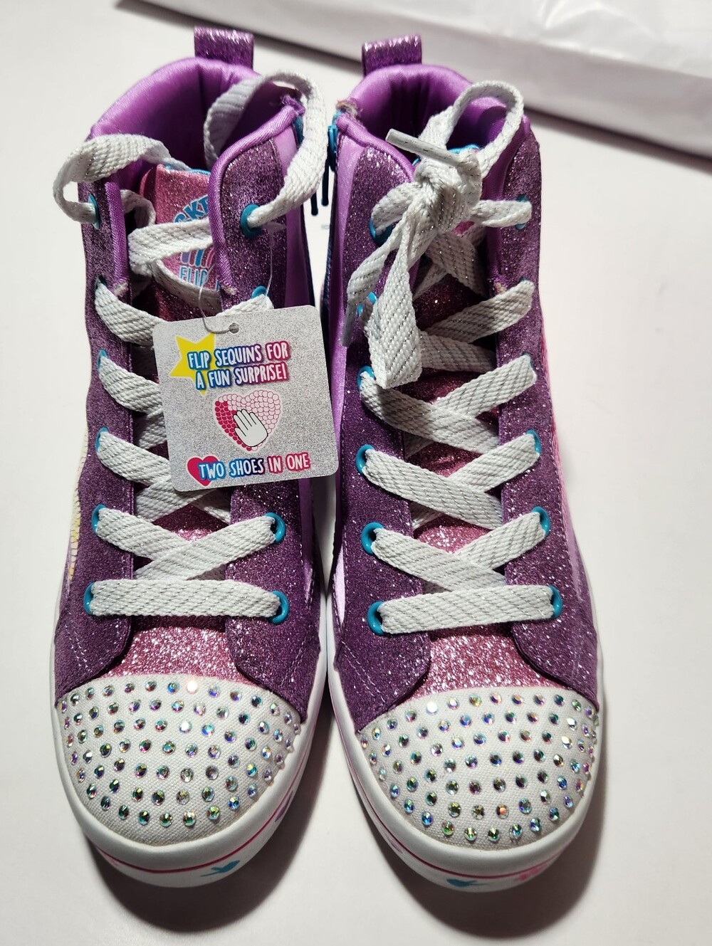 Women Purple Glitter High-Top Sneakers with Rhinestone Toecaps